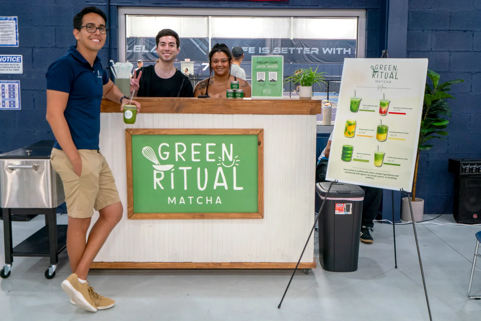 Green Ritual Matcha vendor booth with its menu board at a Pickleland event
