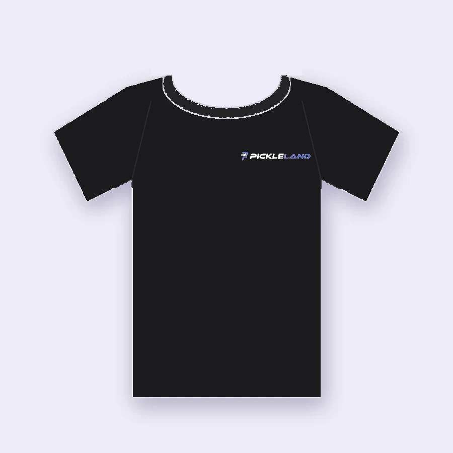 Illustration of a black T-shirt with the Pickleland logo on the left chest