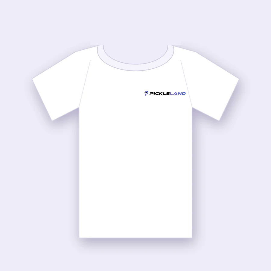Illustration of a white T-shirt with the Pickleland logo on the left chest