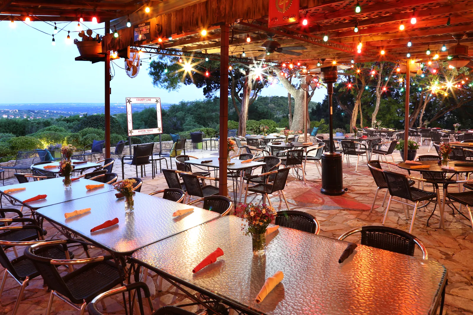 Hillside patio with Texas landscape views at County Line on the Hill