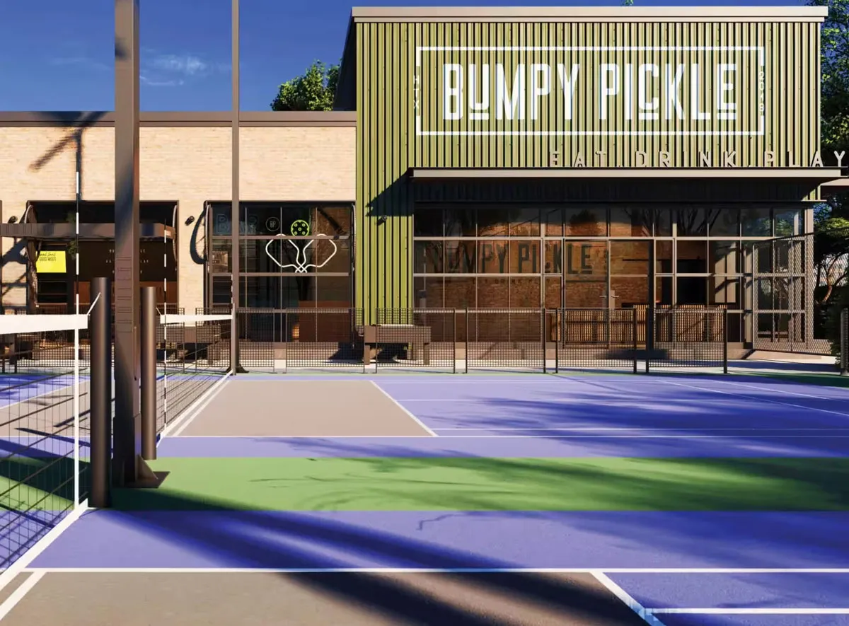 Outdoor pickleball and sand volleyball courts at Bumpy Pickle in Houston's East End
