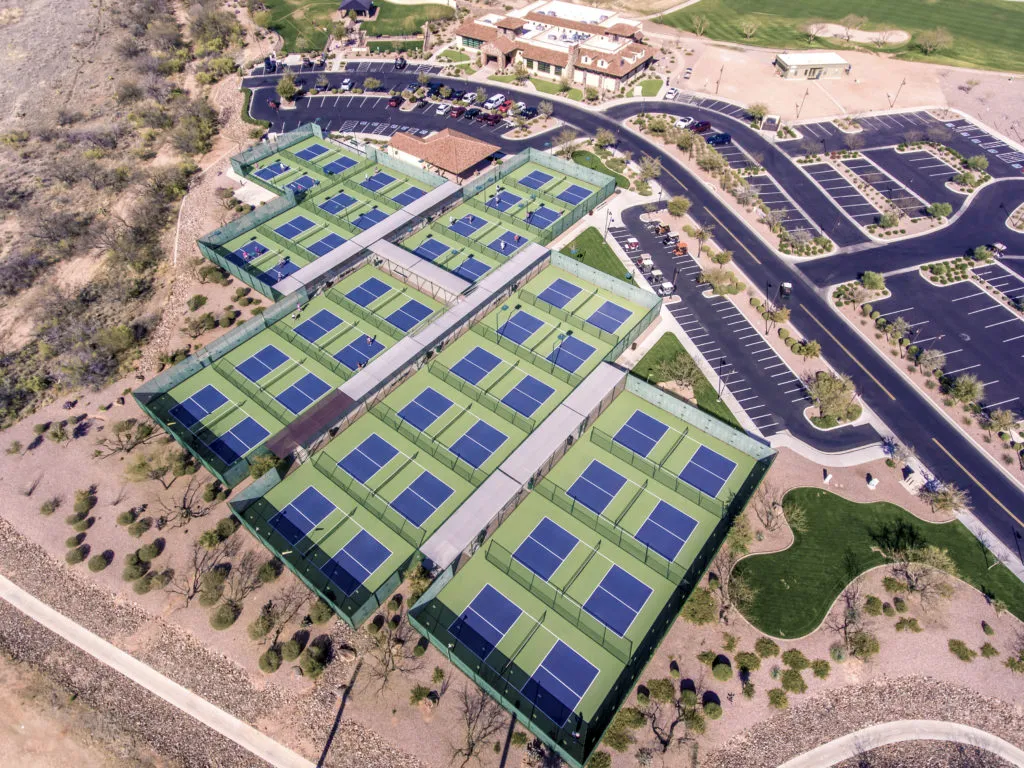 Desert pickleball courts under warm skies in Tucson, Arizona