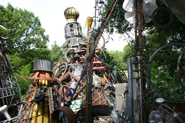 Colorful sculptures built from recycled materials at the Cathedral of Junk in Austin