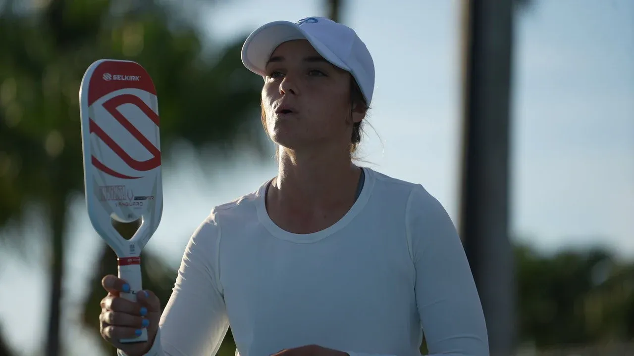 Pro pickleball player Catherine Parenteau positioned at the kitchen line