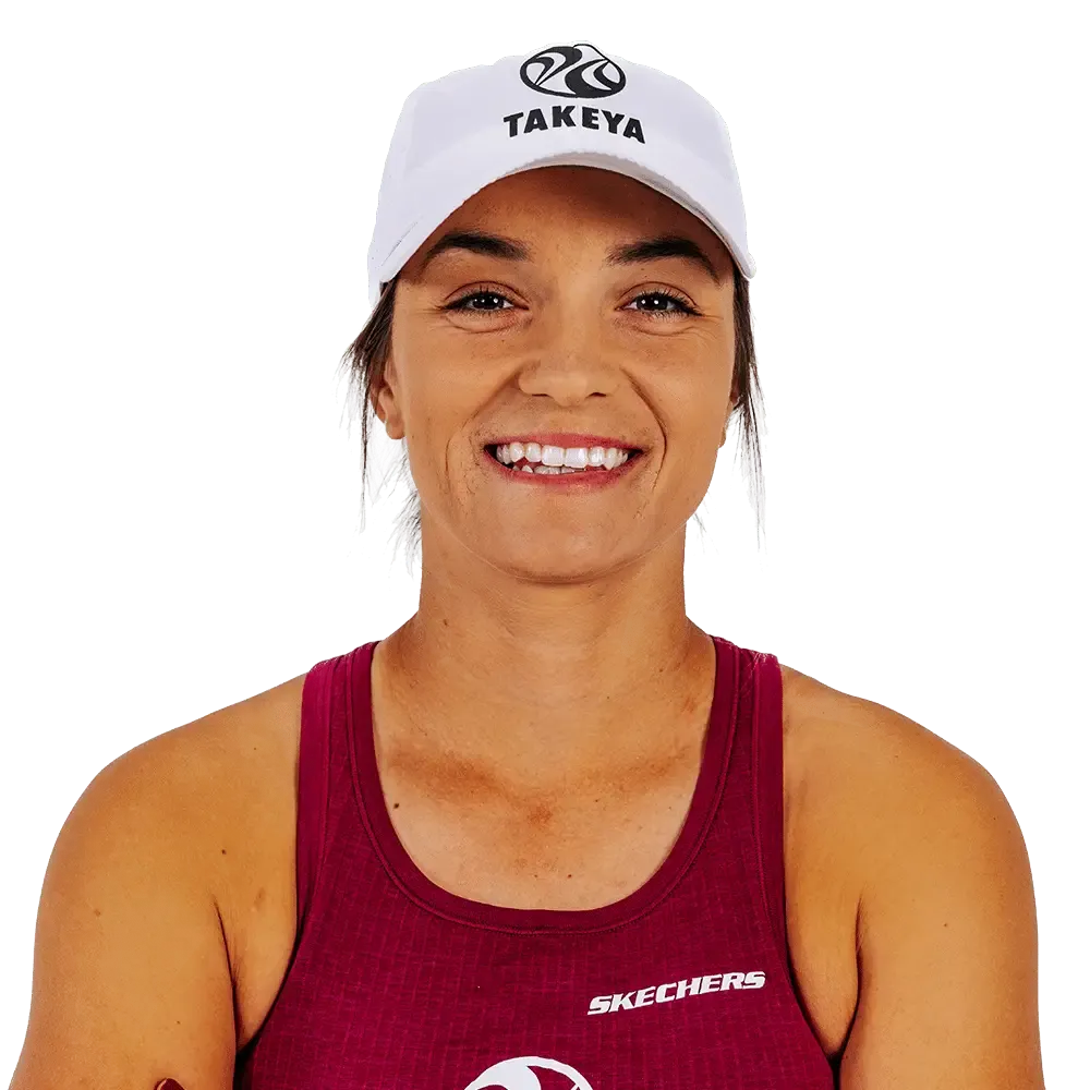 Pro pickleball player Catherine Parenteau preparing to hit