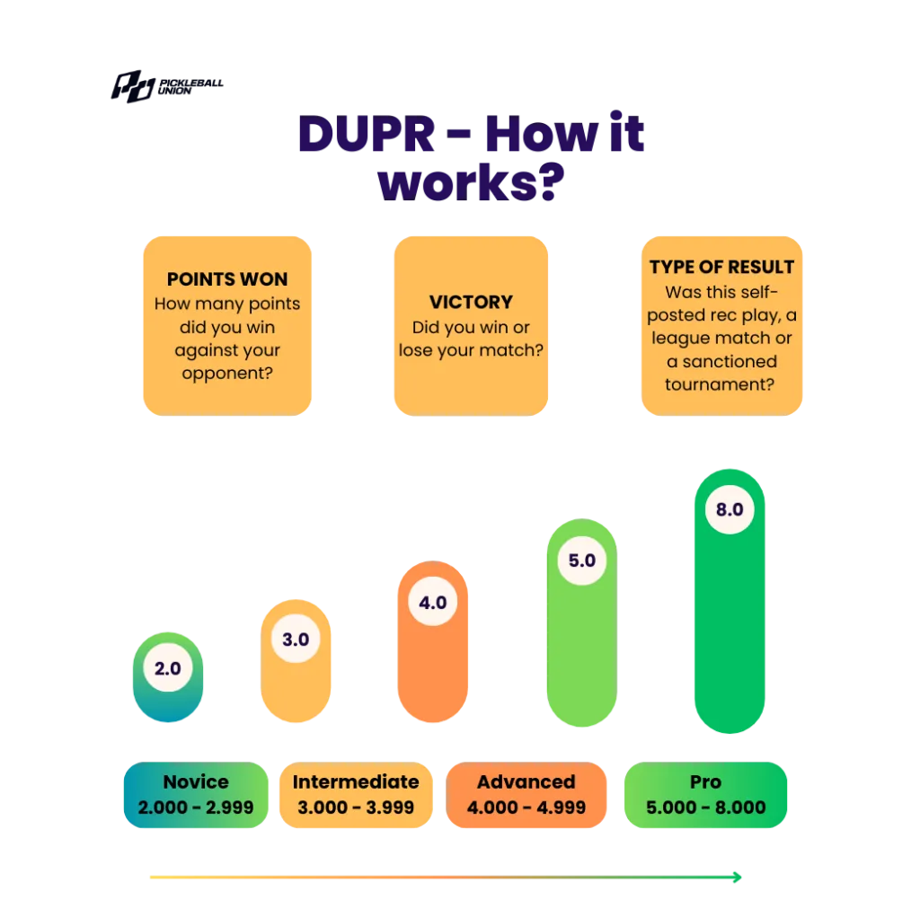 Infographic explaining how DUPR works using points won, victory, and type of result, alongside a bar chart of skill levels from Novice to Pro