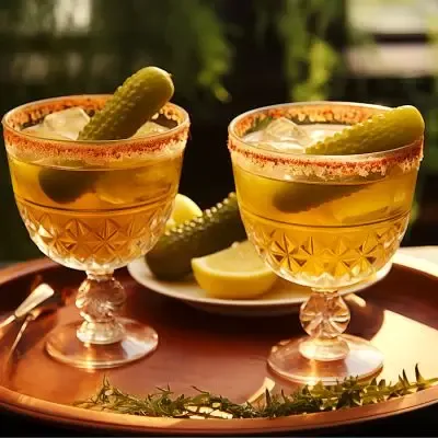 Pickle juice whiskey sour with a lemon twist garnish