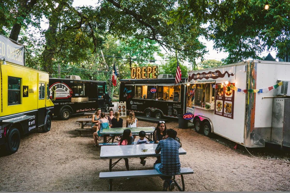 Food trucks serving tacos and barbecue near downtown Austin