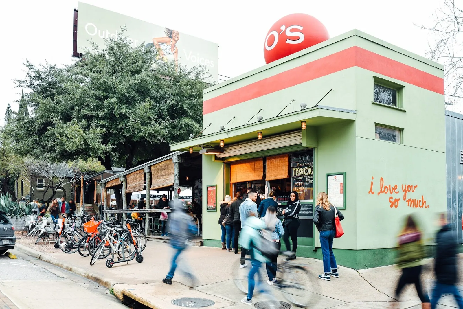 Jo's Coffee and the I love you so much mural in downtown Austin