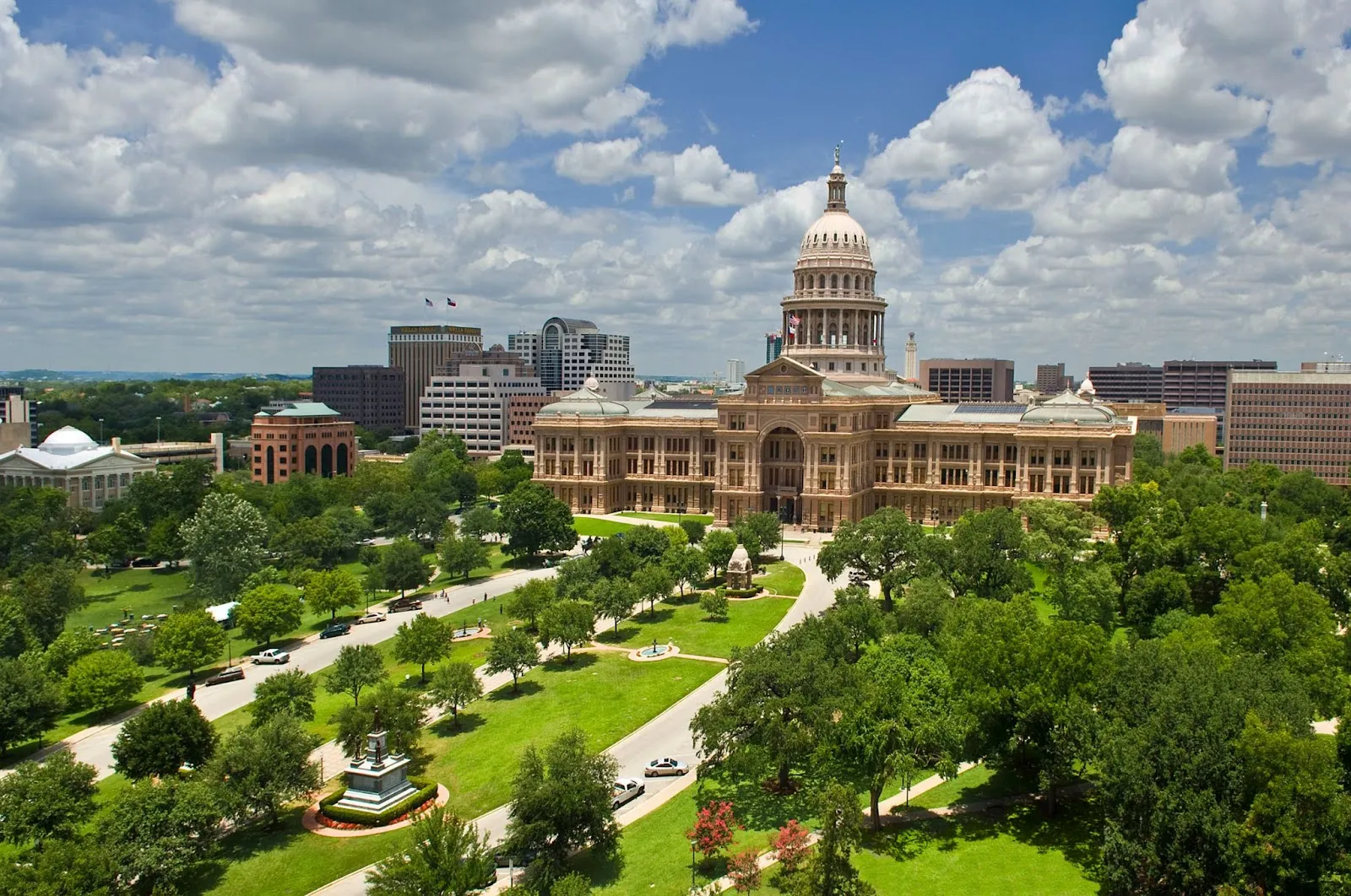 The Texas State Capitol building and grounds in downtown Austin